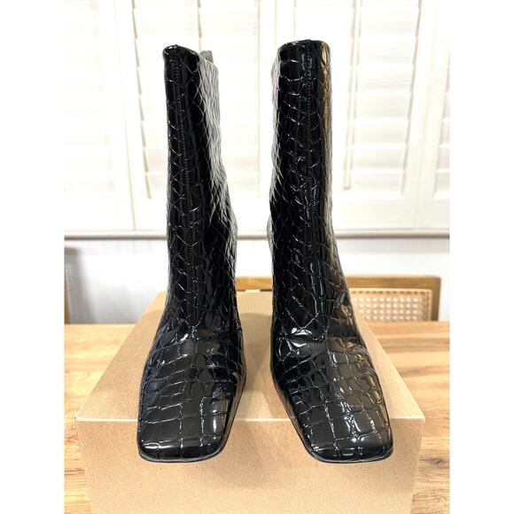Good American Women's Ankle Boots Croc Embossed Black Size 7 NWOB Square Toe - Picture 3 of 12